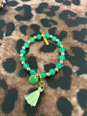 Homemade Gold & Green Beaded Heart Charm Bracelet by